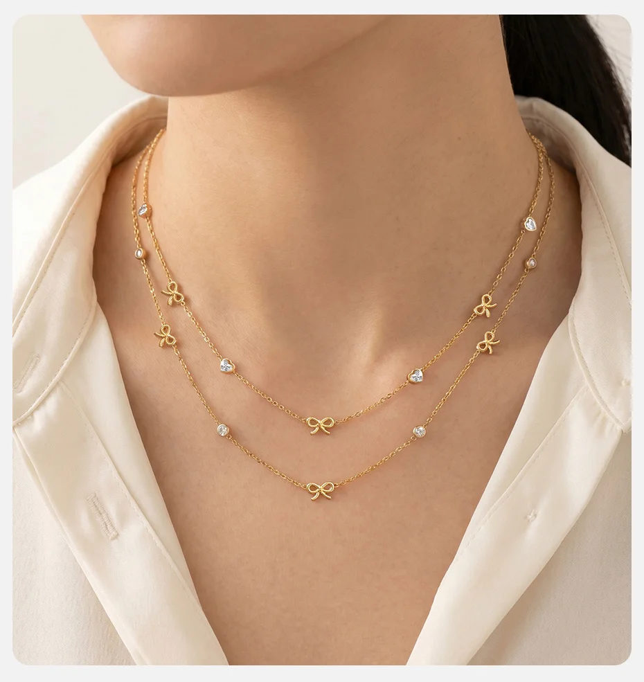 Vnox Vergoldetes Schleifenknoten-Herz Charm-Armband für Frauen, Trendige AAA Zirkonia Schleifenknoten-Halskette Ästhetischer Schmuck Wasserfest – Detail 2