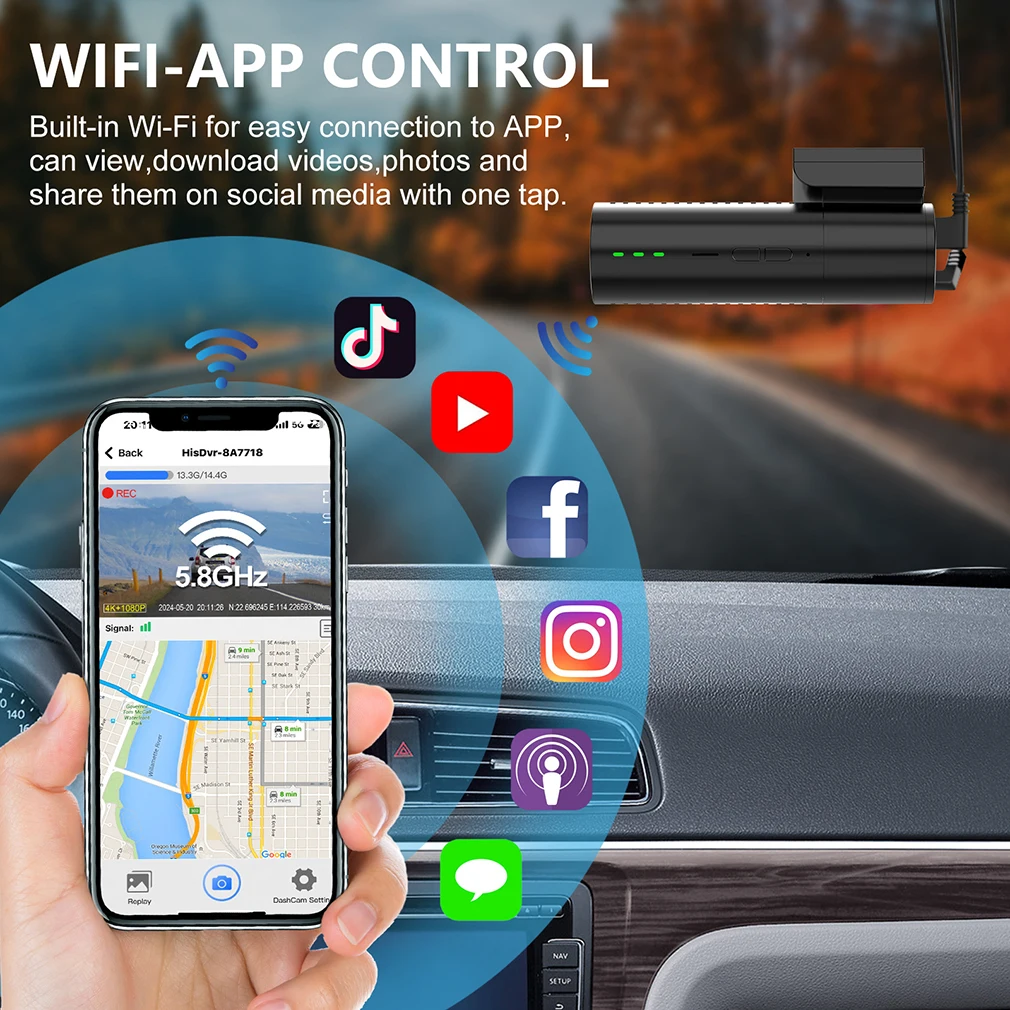 4K UHD dual‑lens dash cam with built‑in WiFi & GPS. night‑vision, 24‑hour parking monitor,  super‑capacitor