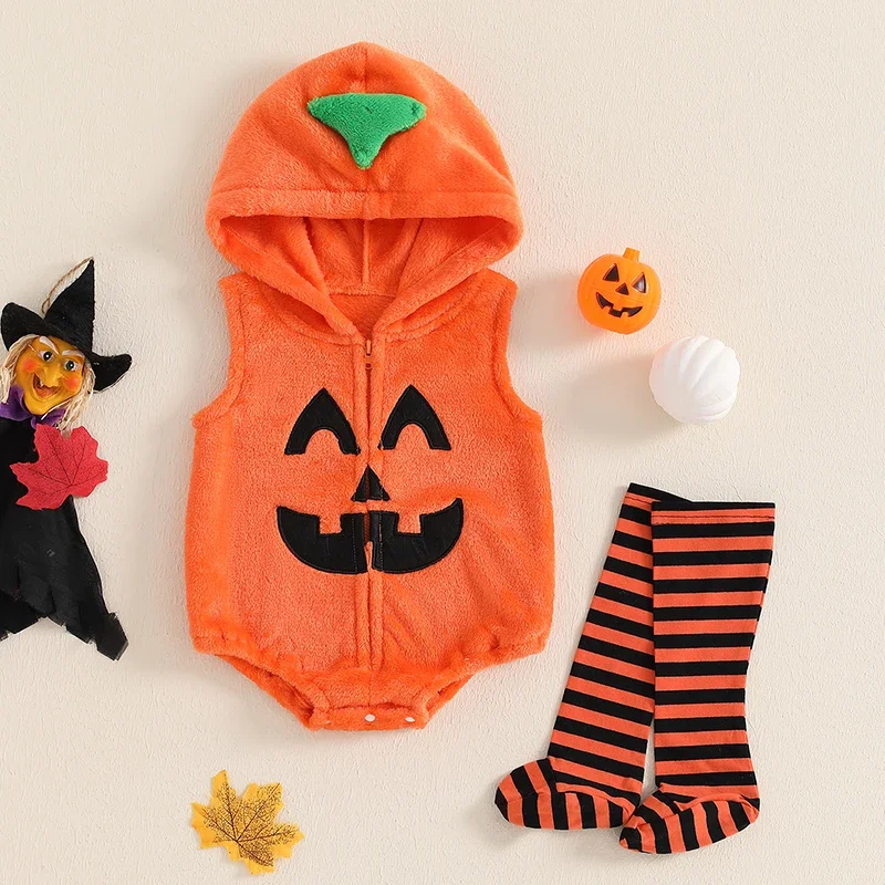 

Baby Girls Halloween Rompers Clothes Pumpkin Face Pattern Zipper Sleeveless Hooded Toddler Bodysuits Jumpsuit with Leg Warmers