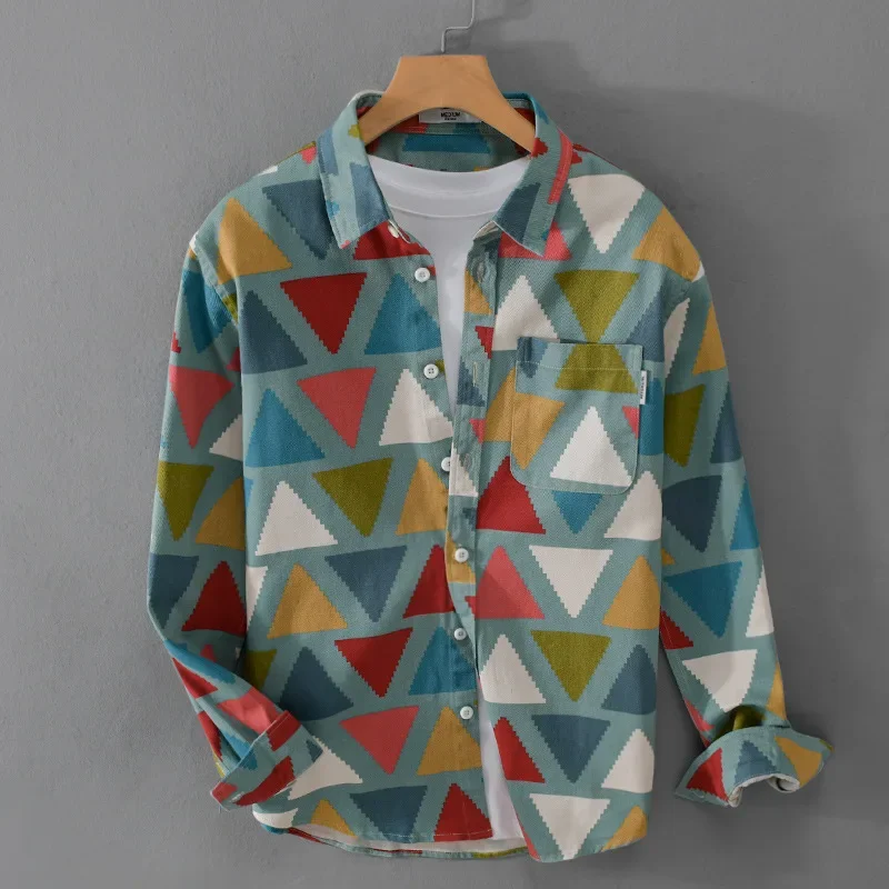 2024 Spring Autumn Fashion Men's Colorful Printed Long-sleeved Shirt Style Geometric Chic Street Top