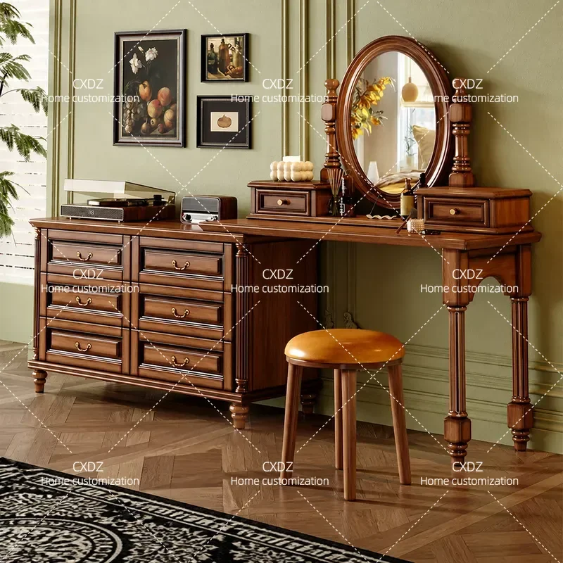 American Retro Solid Wood Dresser with Integrated Makeup Table Mahogany Finish Retractable Rotating Design Multiple Drawers