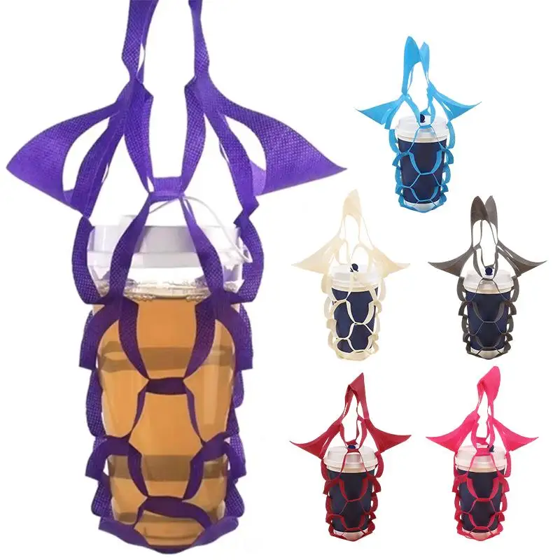 100pcs Hollow Out Non-woven Tote Bag Beverage Coffee Milk Tea Packaging Pouch Green Blue Solid Color Single Cup Takeaway Bags