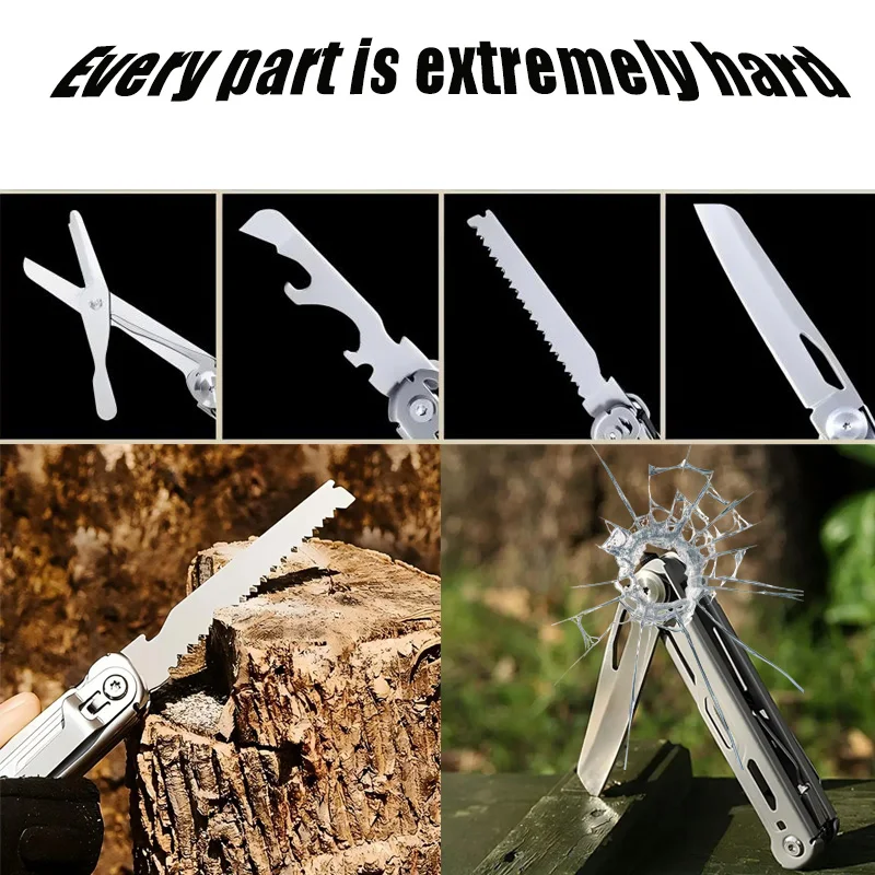 420 Stainless Steel Folding Multitool Knife - Serrated Blade Scissors Bottle Opener for Cutting & Car Window Breaking