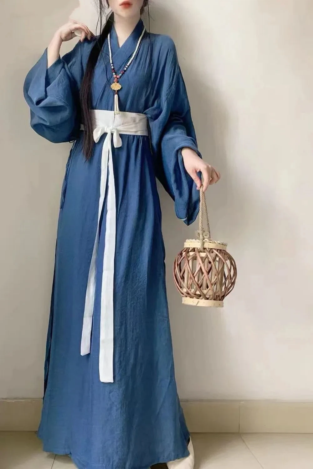 فستان هانفو النسائي الصيني التقليدي القديم أزياء هانفو الكلاسيكية 3 قطعة بدلة هانفو اليومية باللونين الأزرق والأبيض #3