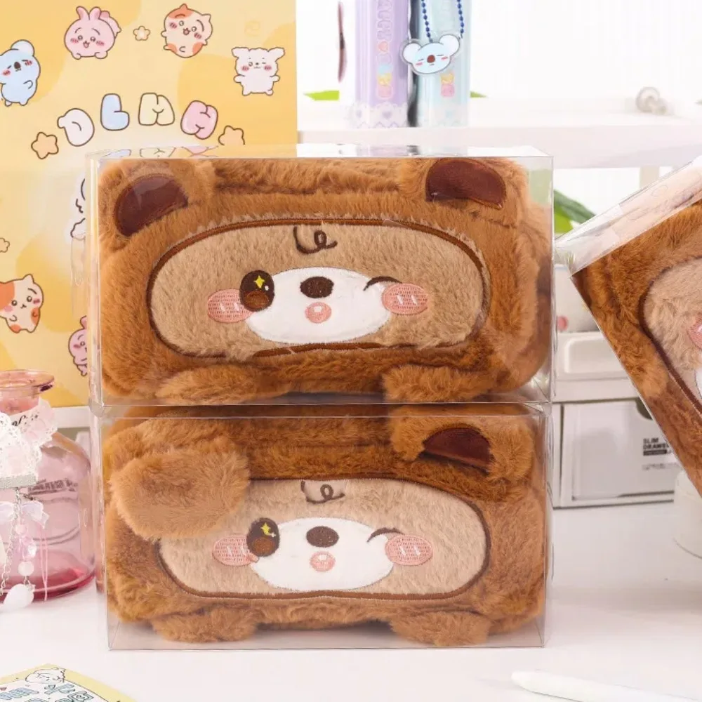 Large Capacity Capybara Pencil Case Plush Pouch Transparent Cute Bear Pen Bag PVC Cat Furry Stationery Storage Bag Gift