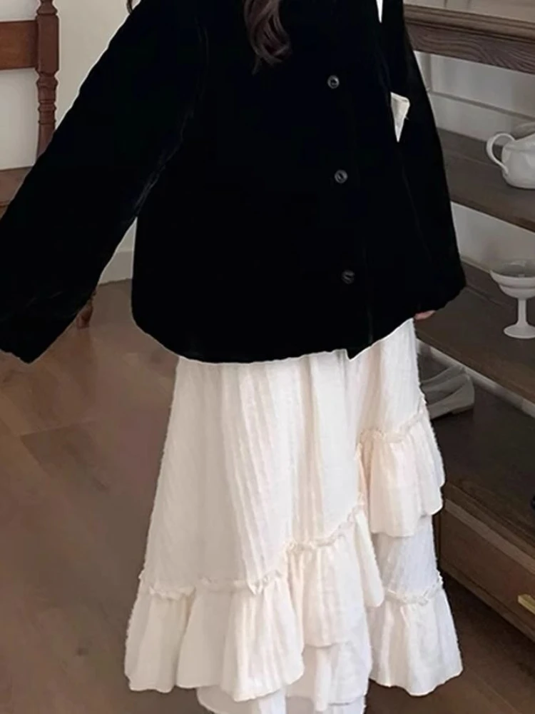 

French Sweet White A Line Skirt Women Autumn Winter 2025 High Waist Irregular Chic Maxi Skirt Retro Layered Ruffle Elegant Style