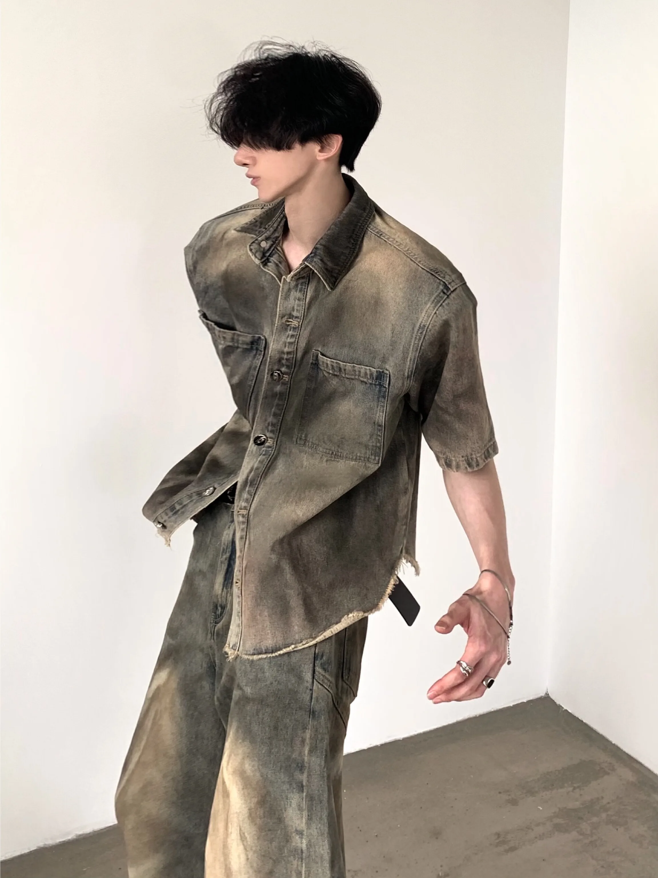 Washed Denim Jacket Men's Short Sleeve Set Autumn Mountain Wind Vintage Design Breathable Youth Popular Outerwear