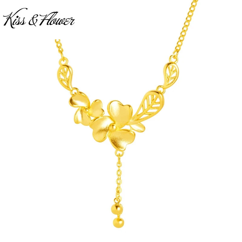 

KISS&FLOWER Gold Flower Necklace+Ring For Women Female Wedding Party Birthday Christmas Bride Ladies Girlfriend Mother Gift JS53