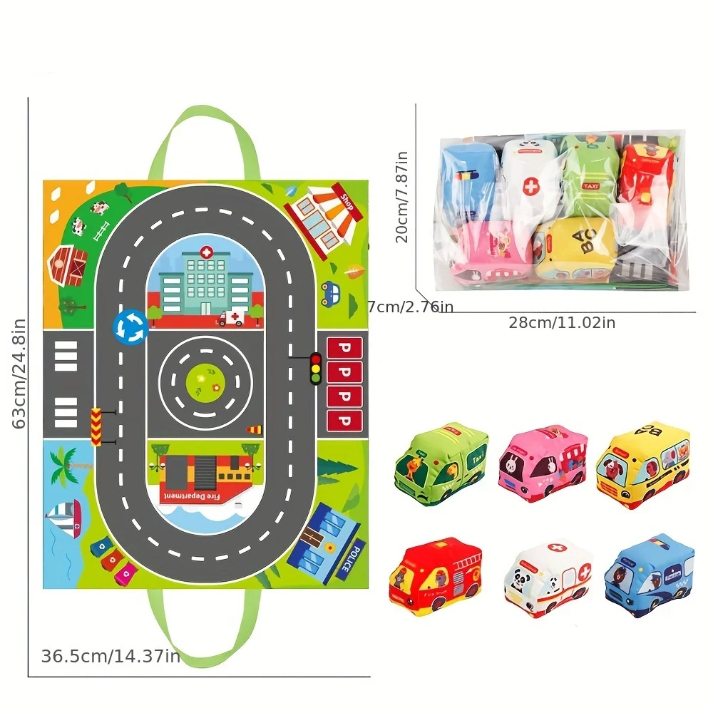 6 Pcs/Set Baby Soft Cloth Traffic Car Toy, Soft, Washable with Playmat/Storage Bag, Suitable for Baby Birthday Holiday Gift Toys