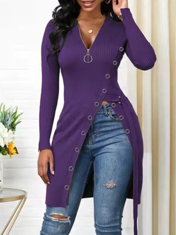 Fashion Spring Autumn Women\'s V-Neck Long Sleeve High Slit Thread Zip T-Shirt Top