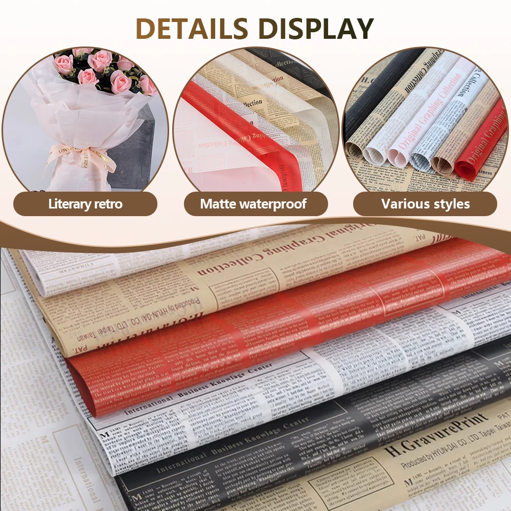 20 Sheets Vintage English Newspaper Thin Gift Wrap Paper - Floral Bouquet Wrapping Paper, Craft & Artwork Packaging Liner