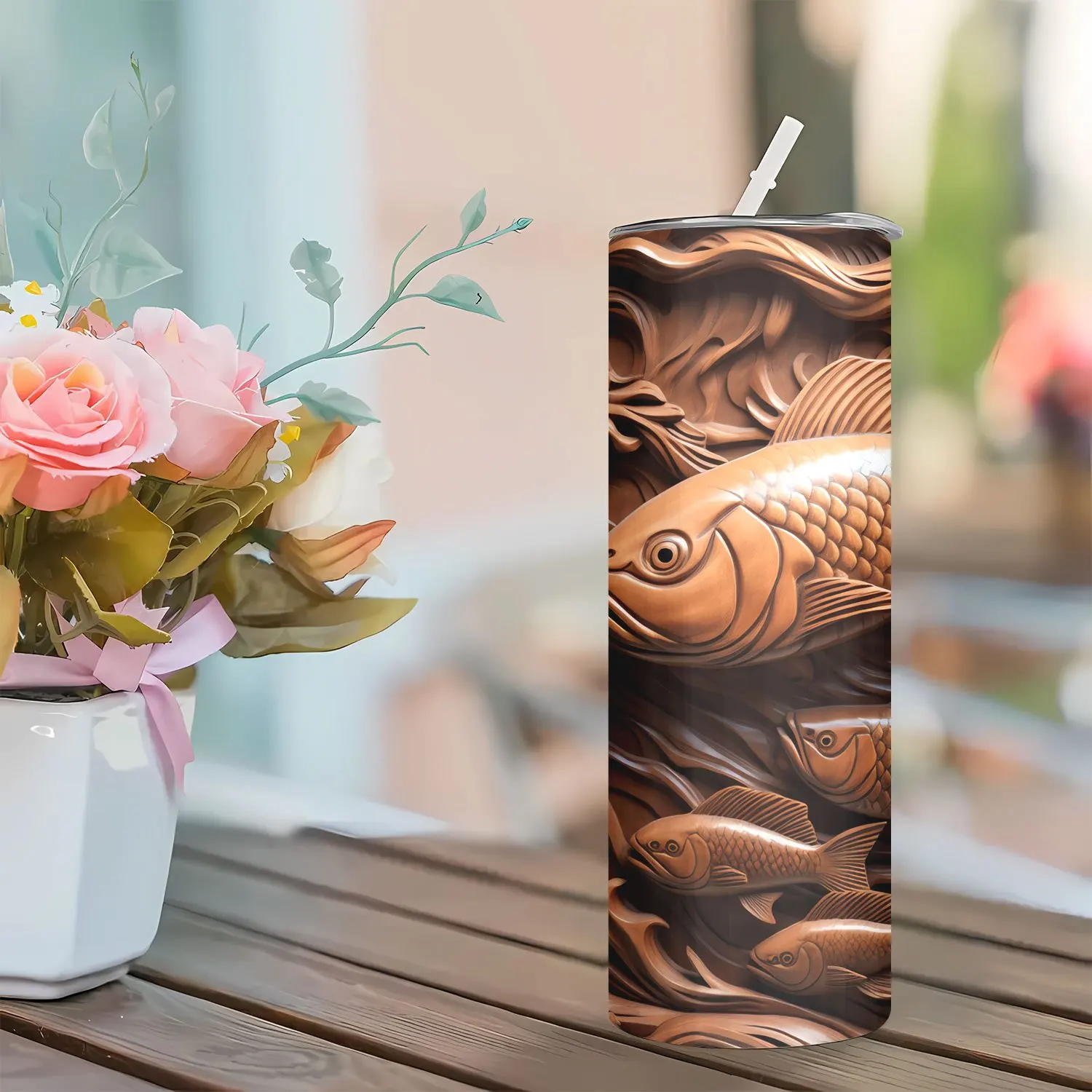 1pc Stainless Steel Tumbler with Fish Design, Double Wall Vacuum Insulated Travel Mug with Lid and Straw, Hand Wash Only, PVC Free, Round Shape - Ideal for Hot and Cold Beverages, Home, Travel, Outdoor Use