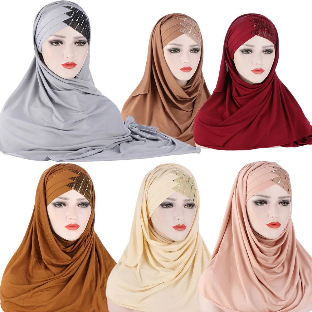 

Sequins Glitter Forehead Cross Muslim Hijab Scarf Ready to Wear Turban Hijabs Islamic Women Headscarf Female Head Wraps Mujer