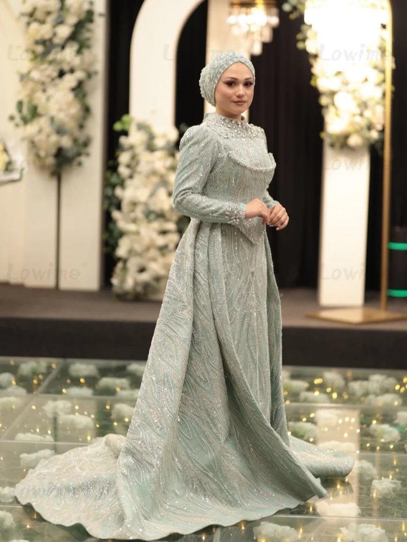 

﻿Luxurious Mint Green Bride Dresses High Neck Long Sleeve Wedding Dress Beaded Crystals Detachable Train Bridal Gowns Customized