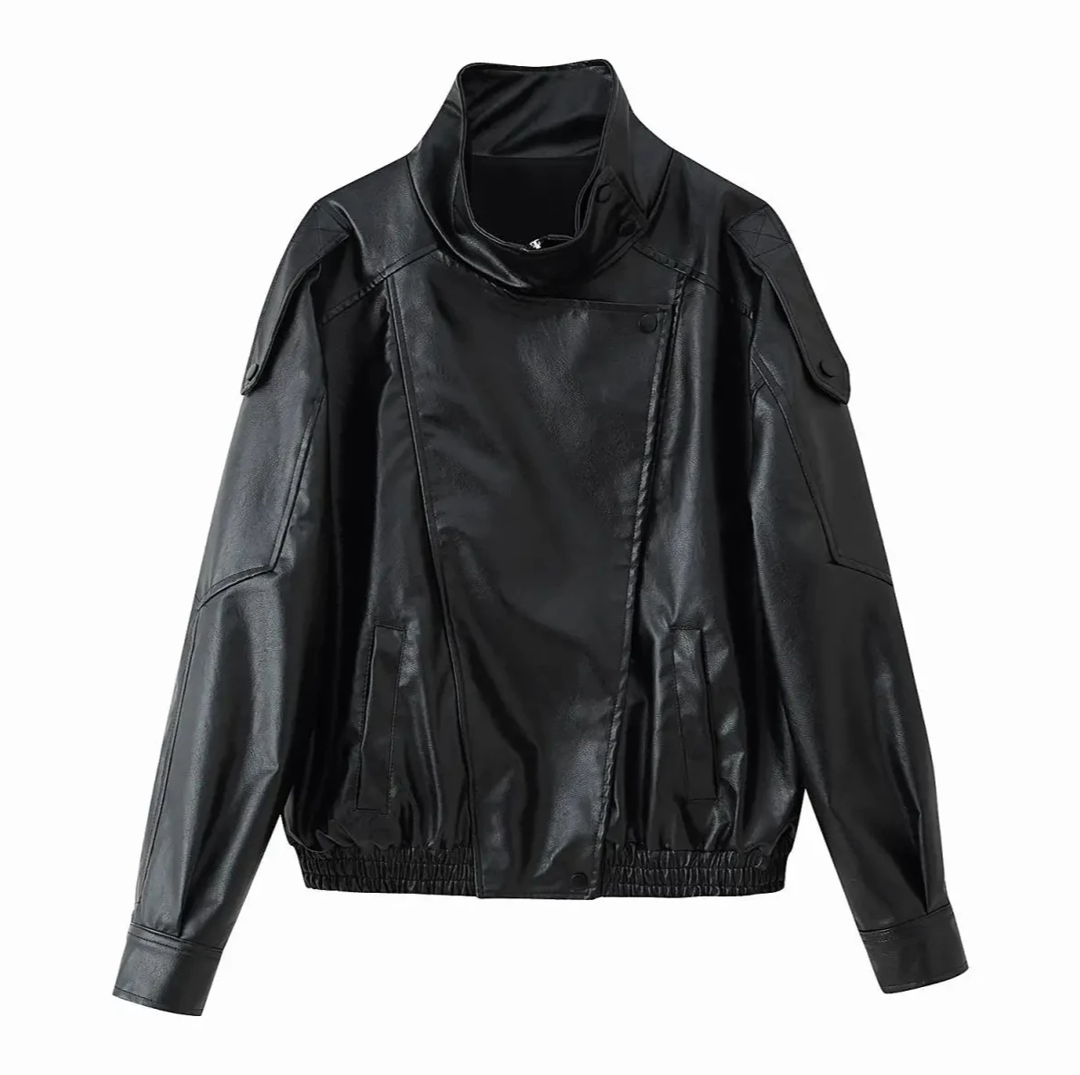 Cross-Border Women's Mid-Age Fashion Coat, Long Sleeve Stand Collar Leather Jacket, Elegant Autumn Winter Outerwear