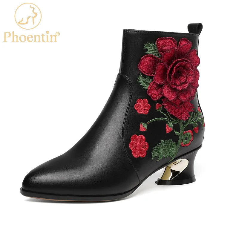 Phoentin Elegant Embroidery floral Ankle Boots high quality Genuine Leather mid Heel short boot plus size 43 office shoes FT2112