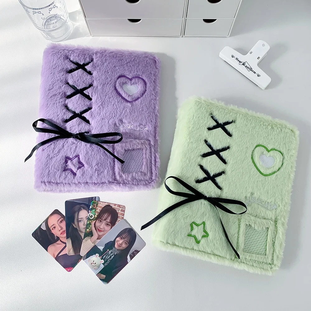 Plush K-pop Photo Album with Ballet Ribbon | 3-Inch Instant Photo 4-Grid Storage Album | Cute Star Card Collection for K-pop Fan