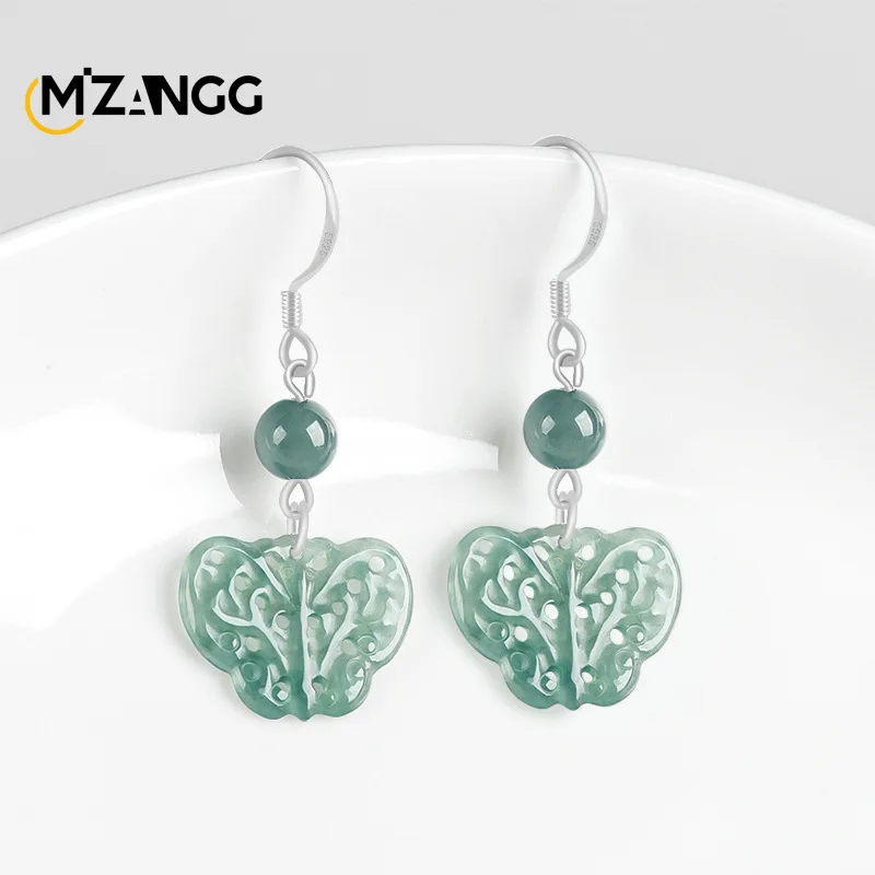 

S925 Silver Inlaid Natural Jadeite Blue Water Butterfly Earrings Hand-carved High-grade Ice Jade Earrings Ladies Gift