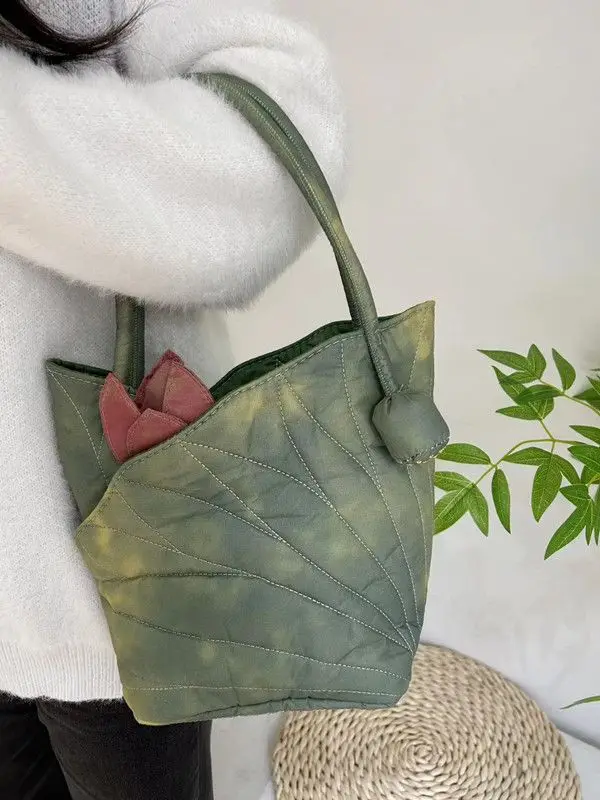 All-match Vintage Bags 2024 New Niche Design Chinese Style Lotus Leaf Handbag Exquisite Pastoral Wind One-shoulder Bucket Bag