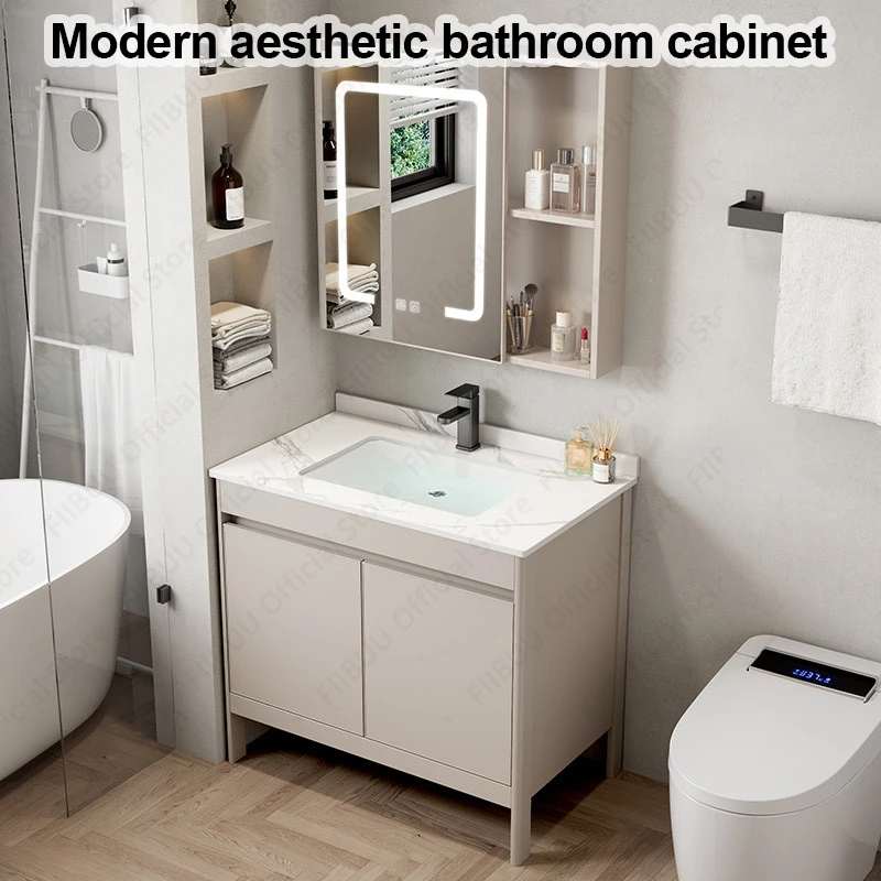 Multifunctional Bathroom Vanity Large Capacity Integrated  Washbasin Vanity Cabinet White Grain Countertop Bathroom Furniture