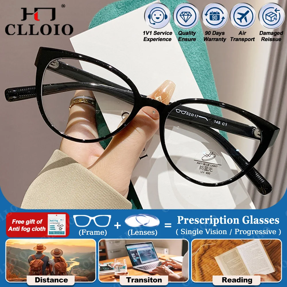 

CLLOIO Simple Ladies Cat Eye Anti Blue Light Prescription Glasses Round Optical Myopia Protection Eyeware Progressive Eyeglasses