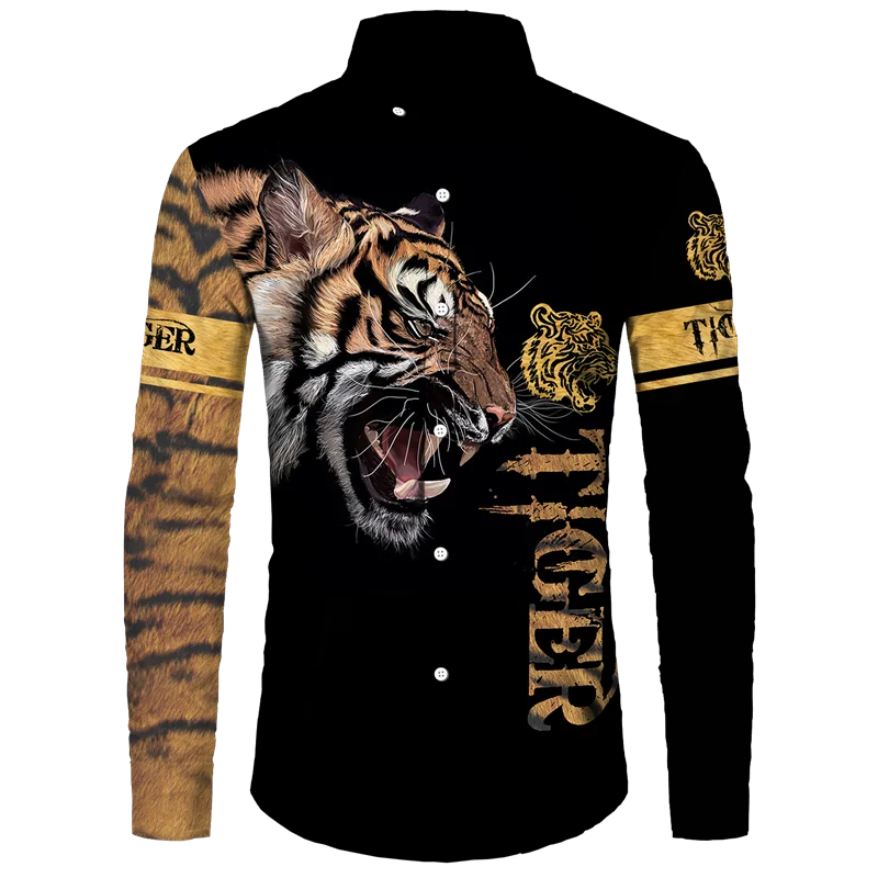 Camisa de manga larga con estampado de tigre para hombre, Top de manga larga con estampado de León en 3D, ropa de calle informal para exteriores,