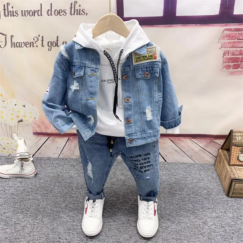 3Pcs/set Children\'s Spring Fall Clothing Boys Denim Jacket Girls T-shirts Hooded Sweatshirt+Denim Jacket + Jean Pant Kids Suits