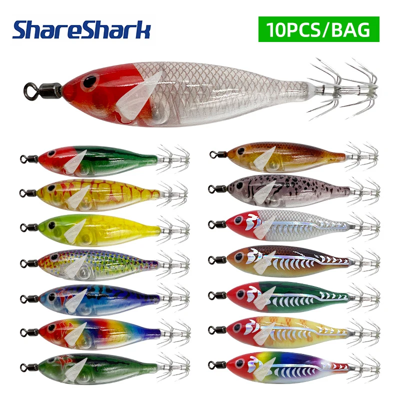 ShareShark 10 Stück/Beutel Holz-Garnelen-Kunstköder-Set 5,7g Simulierte Leuchtende Holz-Garnelen-Köder Oktopus-Tintenfisch-Köder für Meeresfischerei