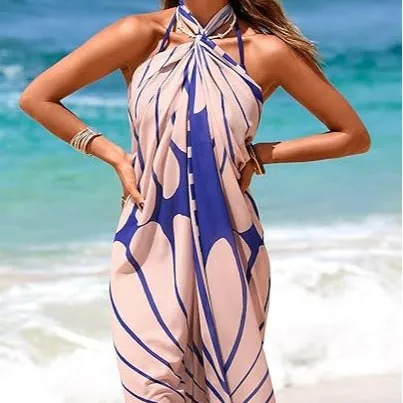 Women's Boho Flower Printed Beach Skirts Chiffon Floral Cover-Ups Bikini Wrap Bathing Suits Sheer Sarong High Slit Long Dress