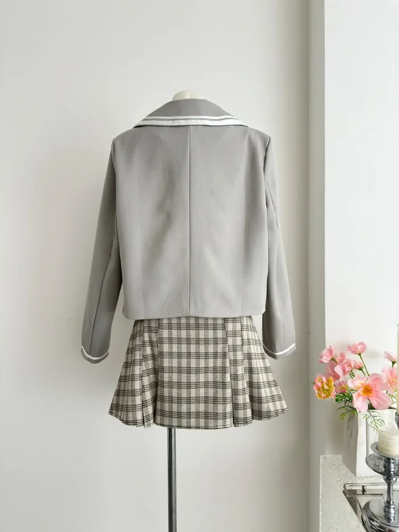 MiiiiX Preppy Style Skirt Suits Women Two-piece Set 2024 Autumn New Elegant Women's Short Blazer Jacket Top Plaid A-line Skirt