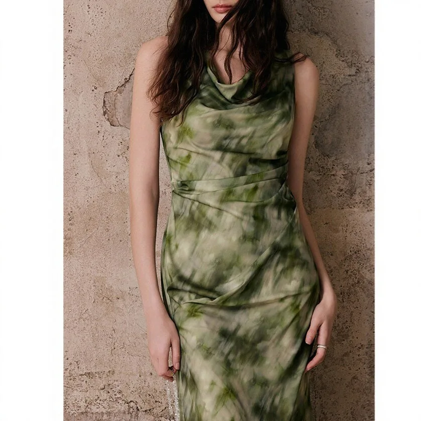 2026 Summer New Art Smudge Hazy Mesh Printing Knitted Swinging Neck Fishtail Tall Dress