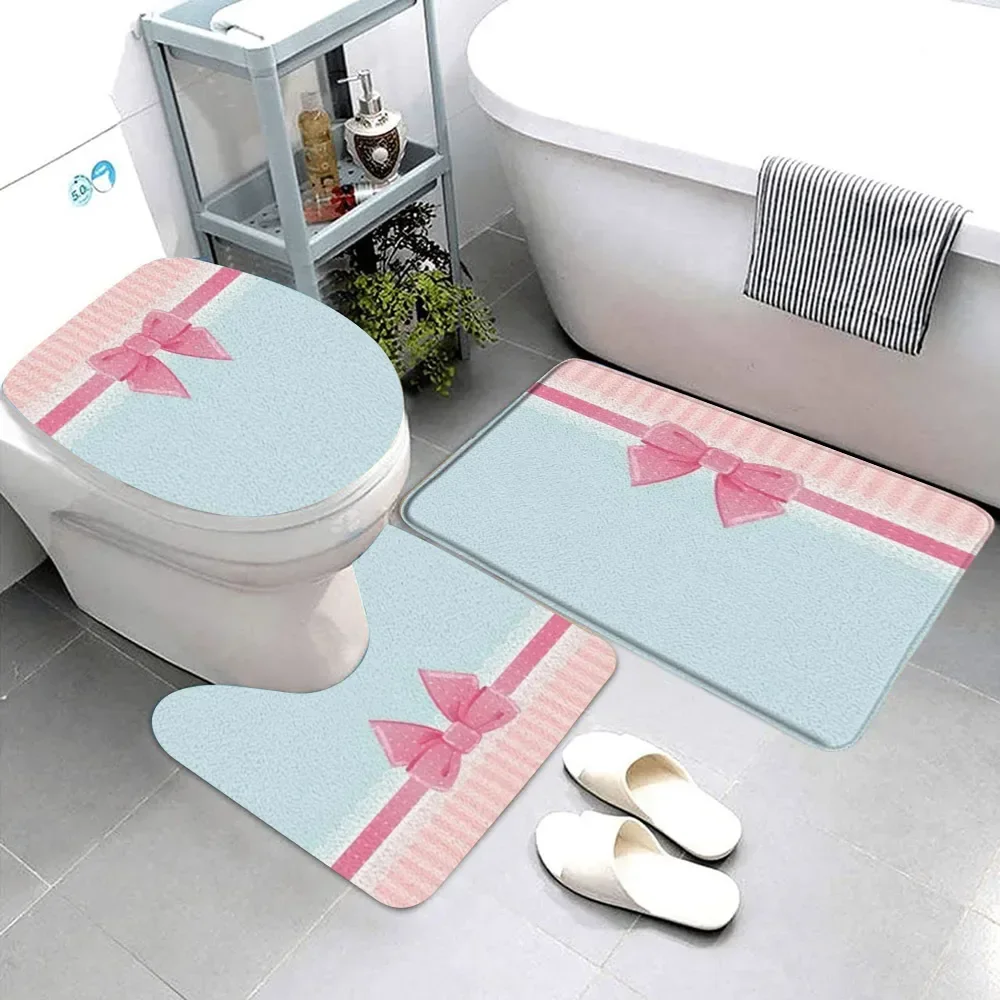 3 Pcs Pretty Pink Bow Bathroom Rug Set Ribbon Stripe Polka Dot Floral Pink Blue Love Gift Bath Mat Toilet Cover Bathroom Decor