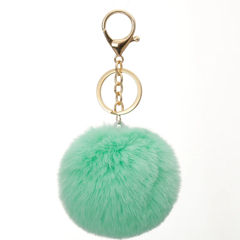 8cm  Fake Fur Brand Bag Fluffy  Pompns Keychain Pom Pom Car Keyring Gold Color Chains pompons Fake Rex Rabbit Fur Charms Chain