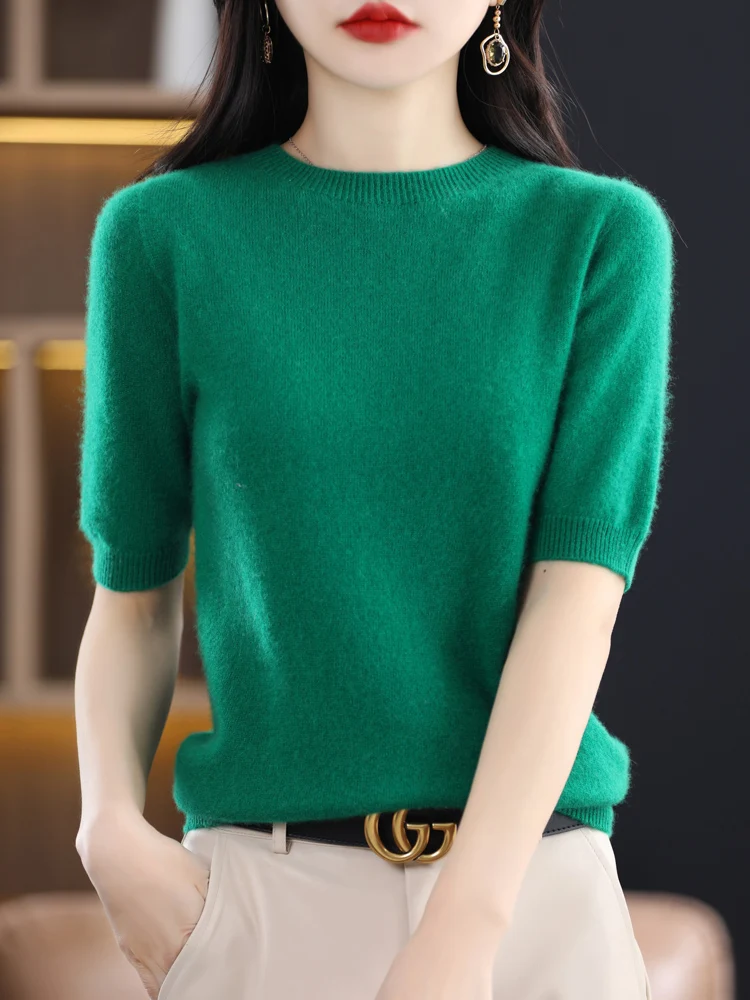 New O-neck Solid Color Pullover 100% Merino Wool Women\' Sweater Spring Summer Half sleeved Basic Clothing Single Fitting Tops