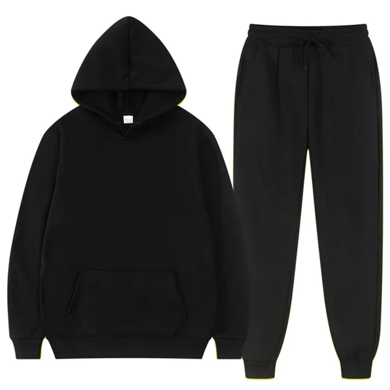 

Men Fashion Sets Sweatshirts Solid Hooded Hoodies Pencil Pants Two Pieces Ankle Length Pant Pockets Elastic Waist Casual Winter