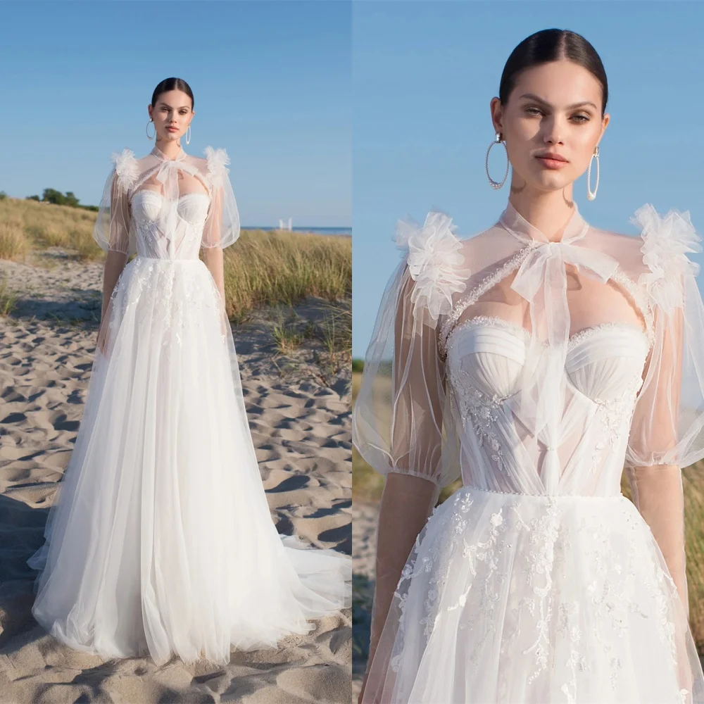 

Customized Exquisite White Organza Wedding Dress High Quality Strapless Detachable Sleeve Long Sleeves Chapel Train Bridal Gowns