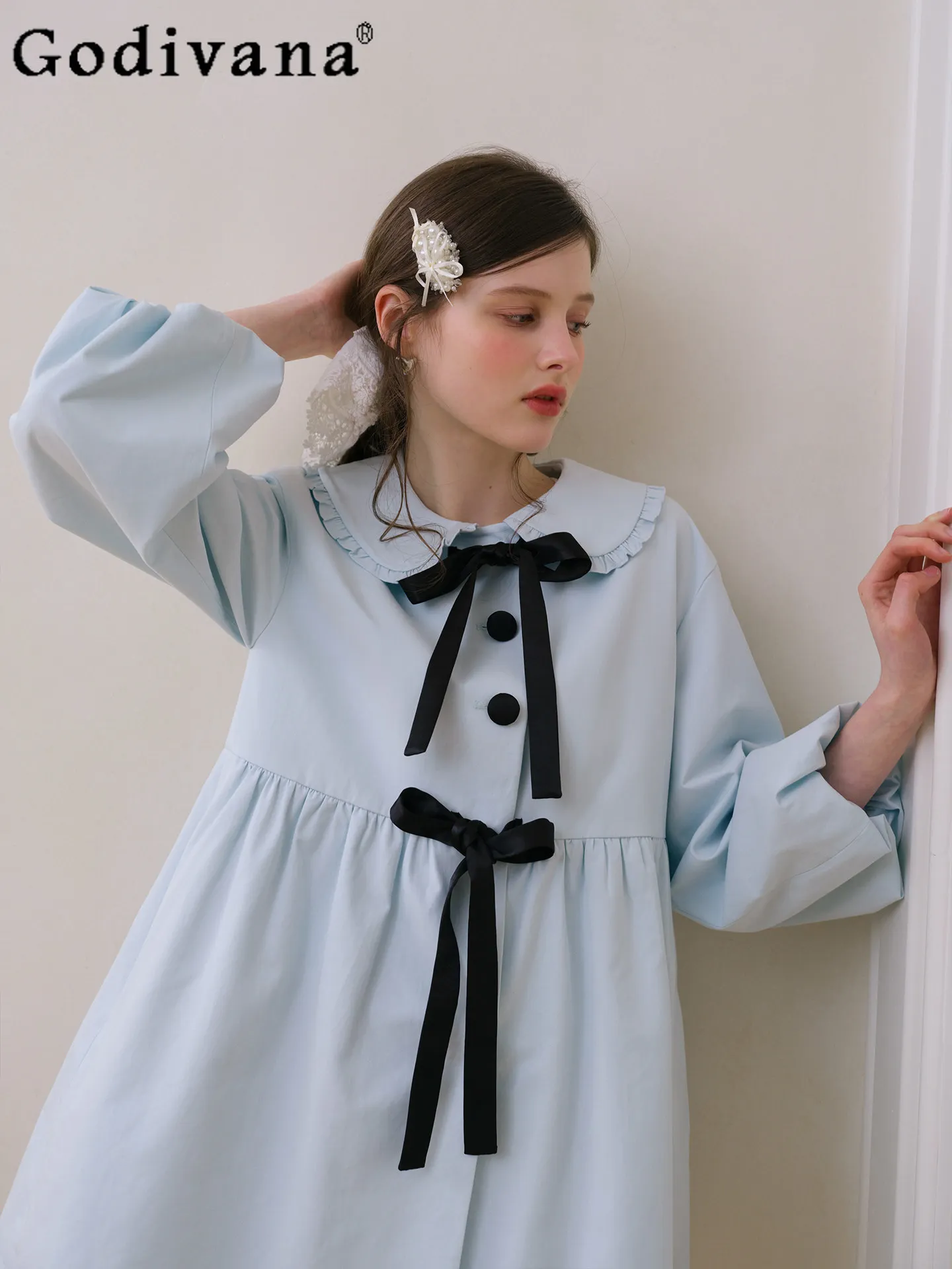 

2026 Spring New Japanese Style Doll Collar Bowknot Windbreaker Sweet Cute Girl with Lantern Sleeves Loose Fit Outerwear