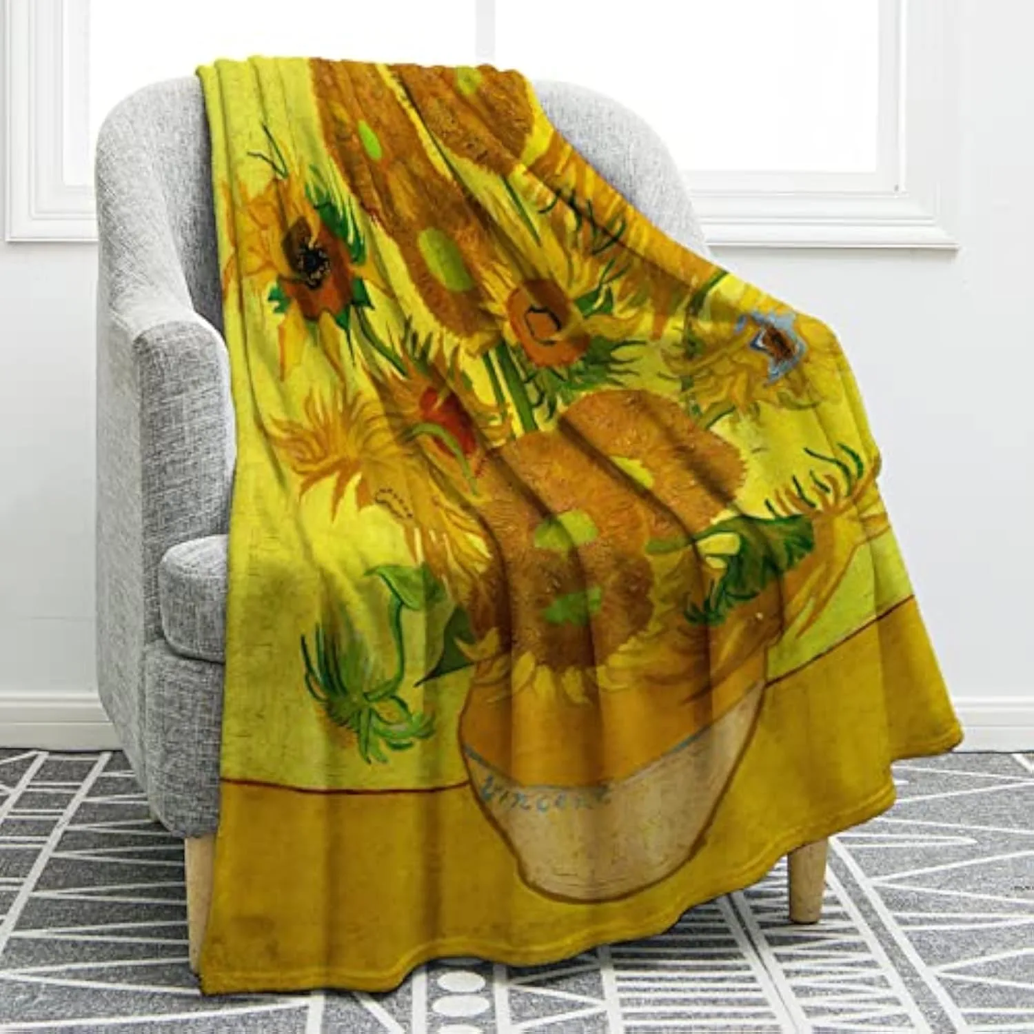 Sunflowers Throw Blanket Vase Fifteen Floral Art Print Soft Warm Lightweight Blanket for Sofa Bed Halloween Home Decor