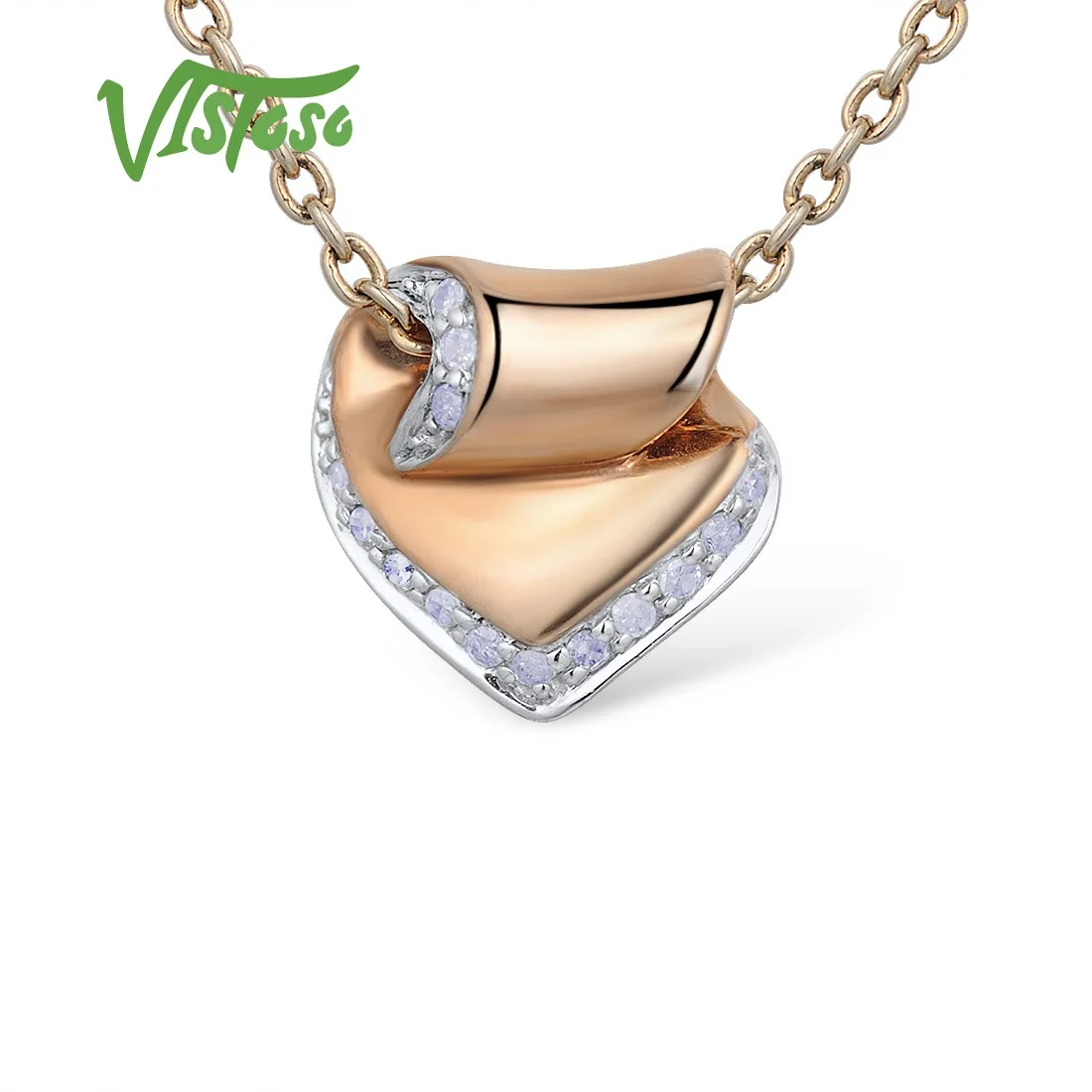 VISTOSO Gold Pendants For Women Authentic 14K 585 Rose Gold Sparkling Diamond Engagement Wedding Heart Pendant Fine Jewelry