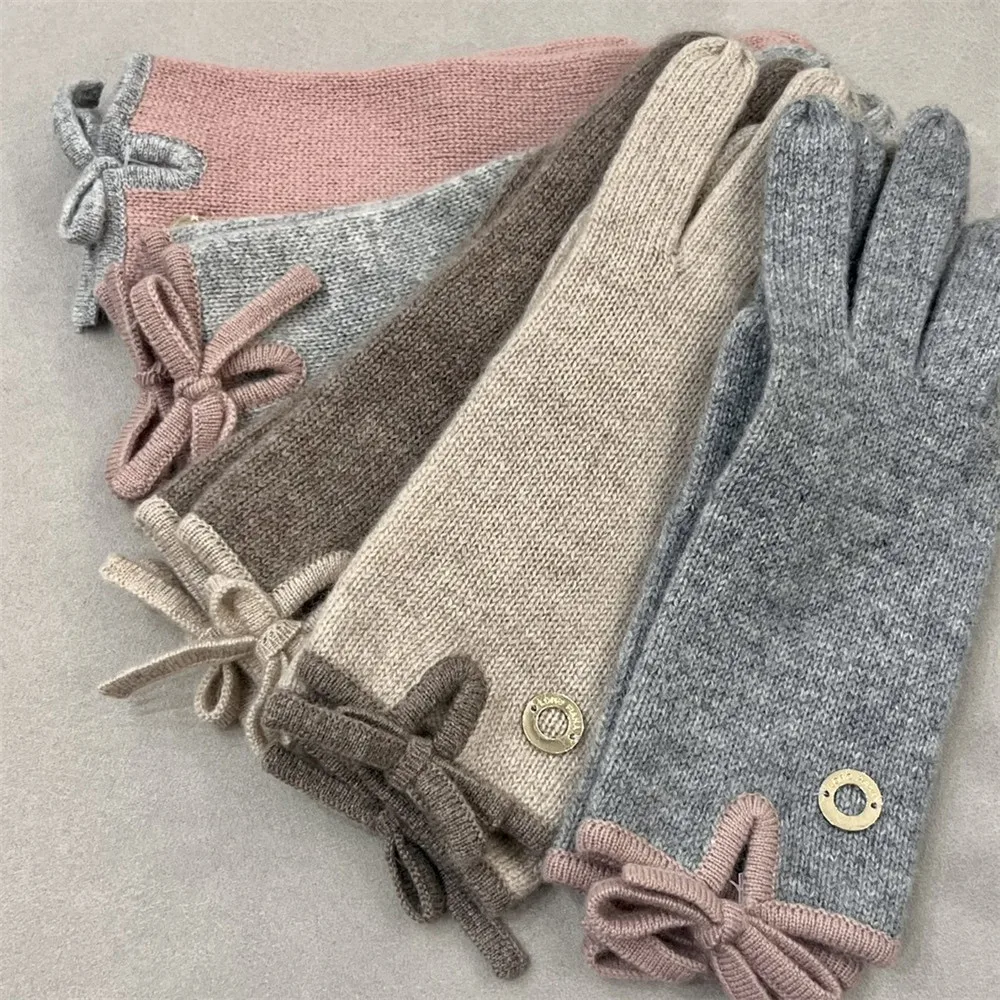 100% Cashmere Knitted Bow Gloves Women\'S Winter Warm L*P Outdoor Mittens