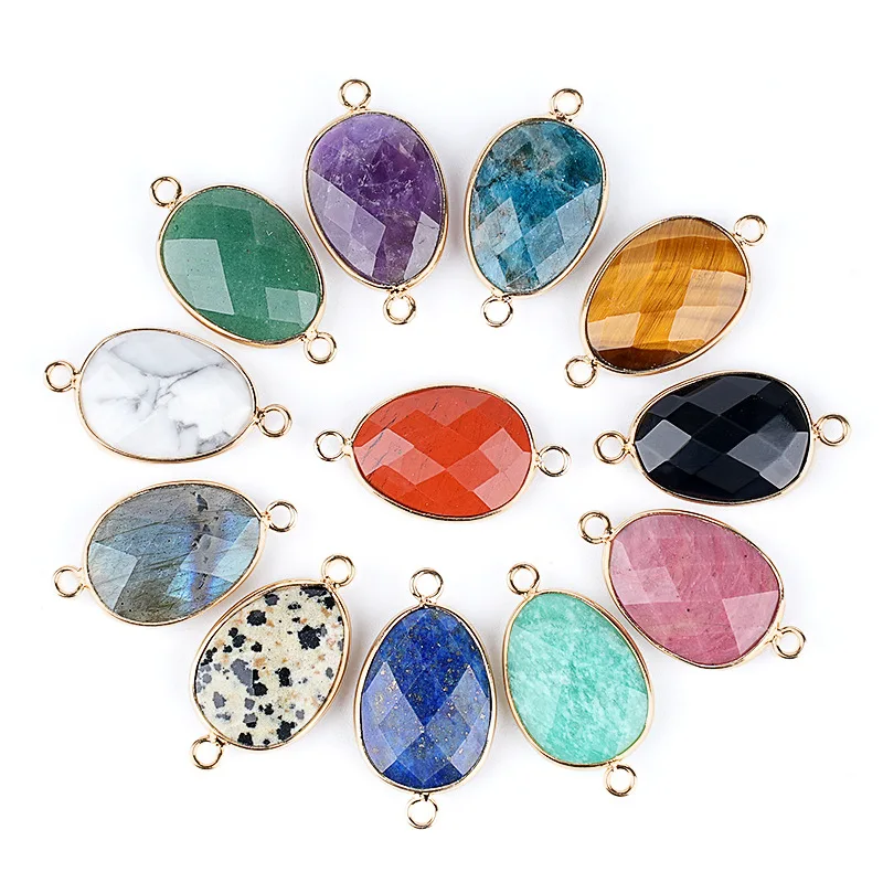 1pc Double Sided Faceted Natural Stone Slice Charm Pendants Connector for Jewelry Making DIY Earring Necklace Bracelet