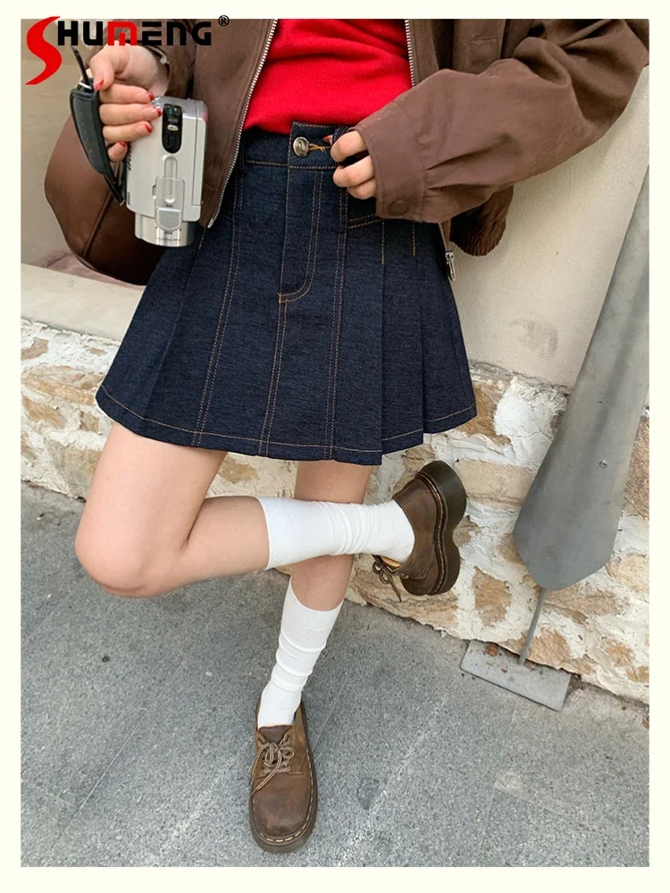 

Japanese Preppy Style Sweet Cool Y2K Girl High Waist A-line Blue Denim Mini Skirt Casual All-matched Pleated Short Skirt Women