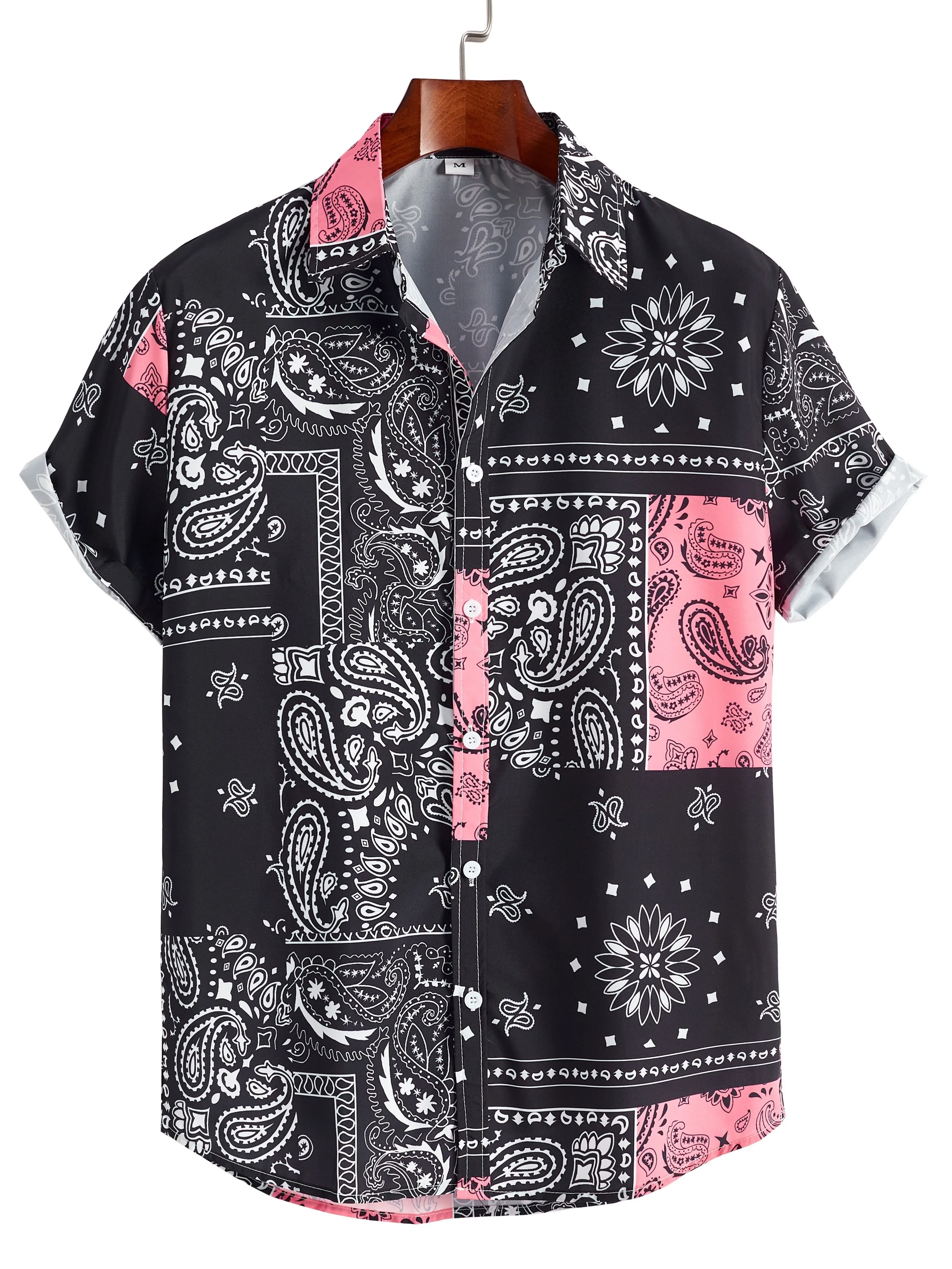 Men's printed casual short-sleeved patchwork shirt, summer resort shirt for men