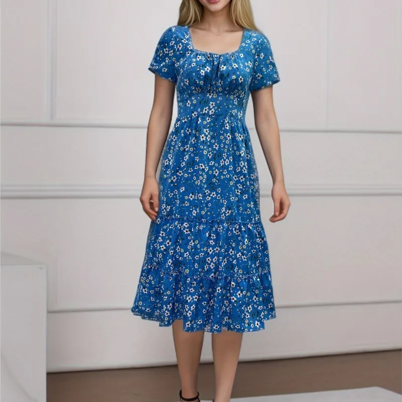 Women Office Summer Flower Dress 2024 New Fashion Square Neck Bubble Sleeve Fragmented Flower Splice Holiday Dress floral dress