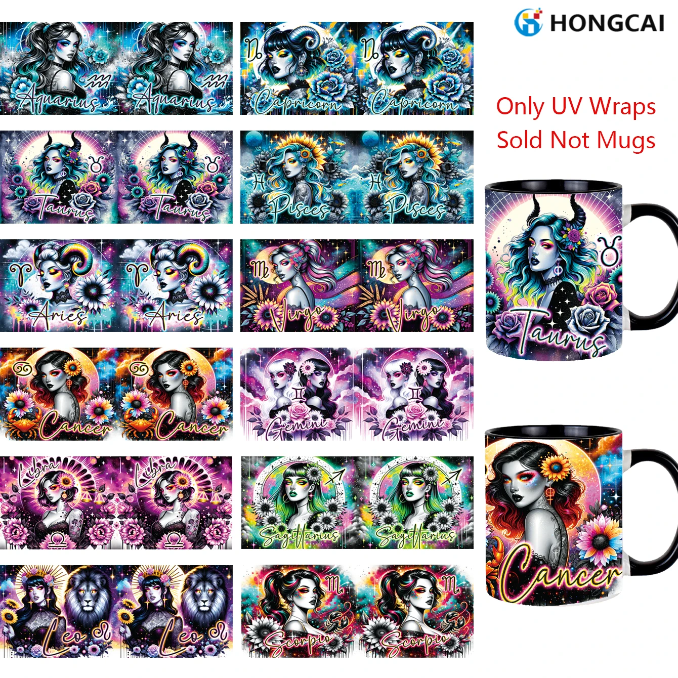 

12-Piece Zodiac Charm UV DTF Stickers - Premium DIY Creative Decals for Perfectly Decorating Mugs and Trendy Accessories