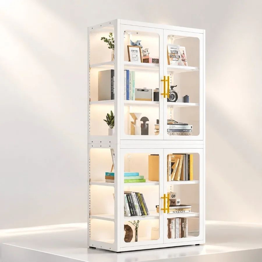 Display Cabinet with Glass Doors for Collectibles and Books, White Metal Curio Cabinet with Multi-Color LED Lights, 6-Tier 67 H