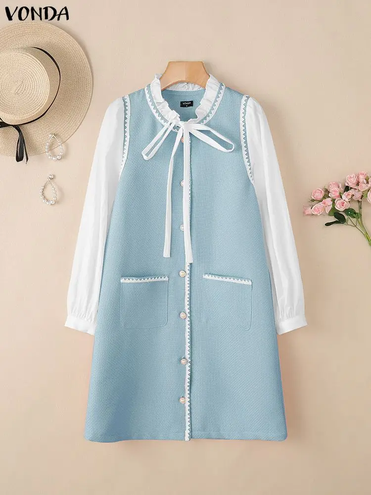 VONDA Elegancka Sukienka Biurowa Damska 2025 Jesień Patchworkowa Casualowa Mini Sukienka Letnia Długi Rękaw Modna Bandage OL Sukienka na Imprezę Vestidos