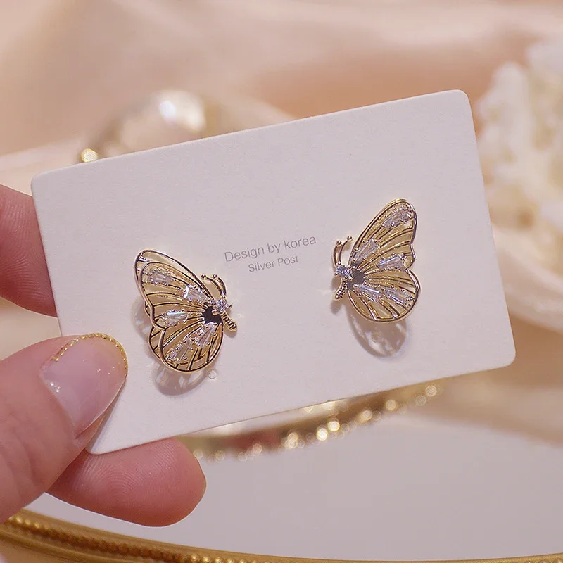 Korean hot fashion jewelry 14K real gold plated copper inlaid zircon earring sweet elegant hollow butterfly women's earrings