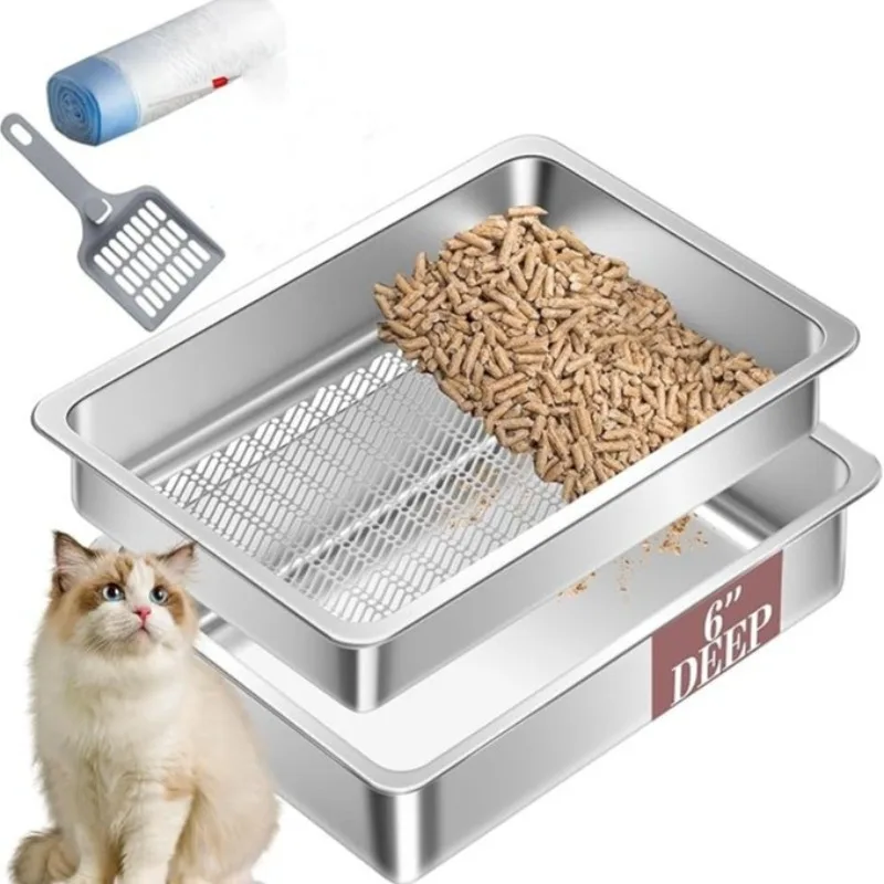 Stainless Steel Filter Cat Litter Basin Large Detachable Open Toilet Cat Bedpans Sifting Sand Cats Litter Tray Pet Supplies