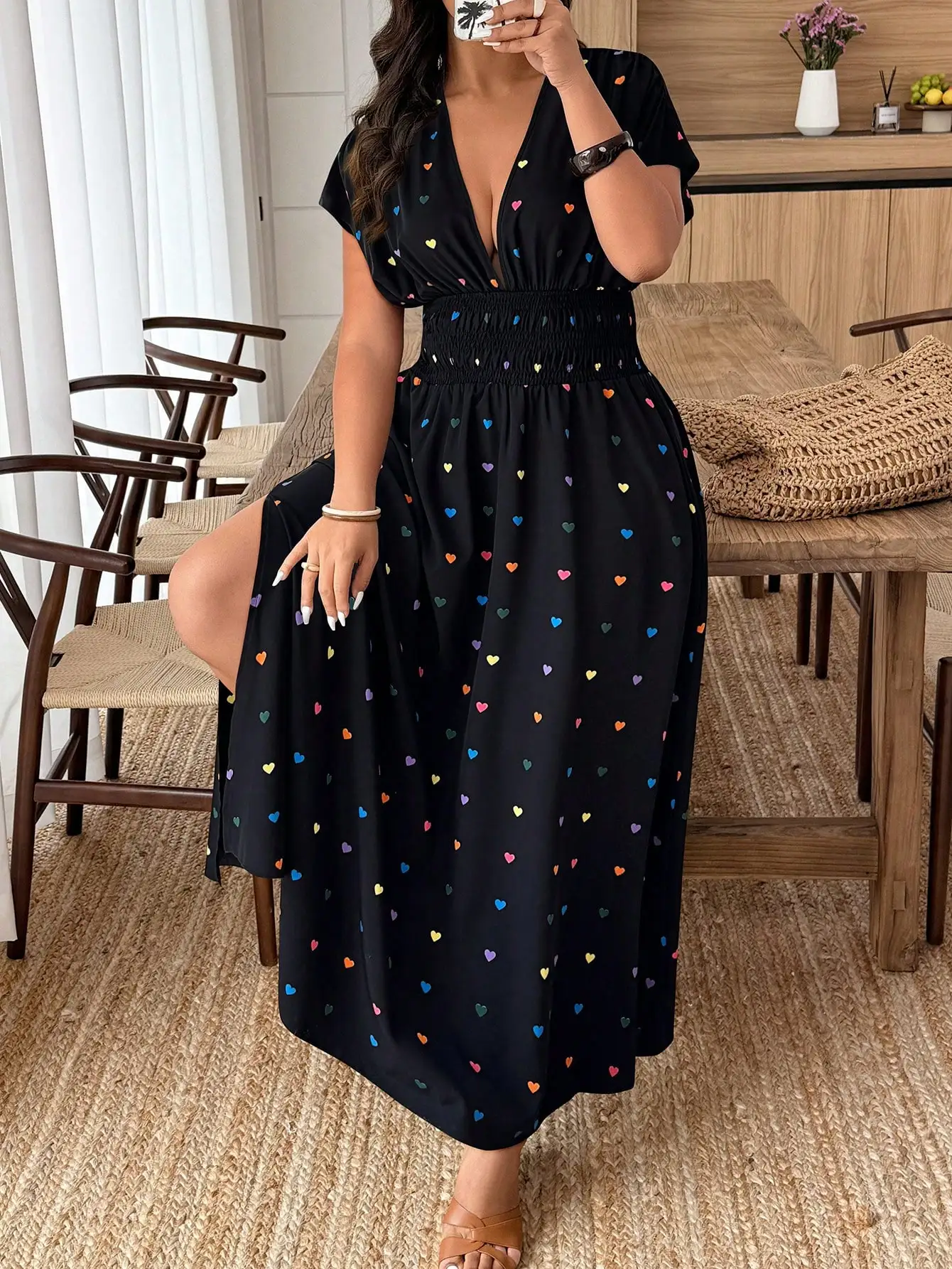 

Plus Size Heart Print V-Neck Maxi Dress With High Slit Summer